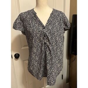 Yessica Navy Blue Floral Daisy Print Button V-Neck Short Sleeve Blouse Top